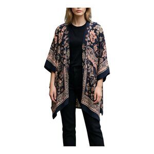 Escape By Blu Pepper Kimono Duster One Size Boho Navy Peach Floral Cover Up